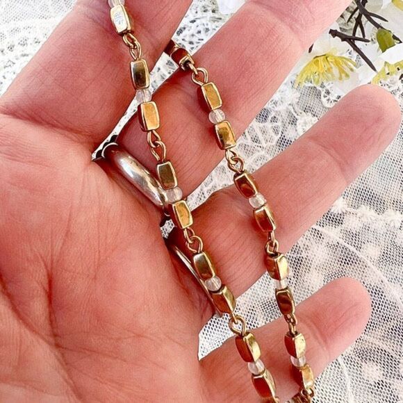 Anklet, Choker or Child’s Gold Box Bead Necklace 12" w 4" Extender - Picture 5 of 9